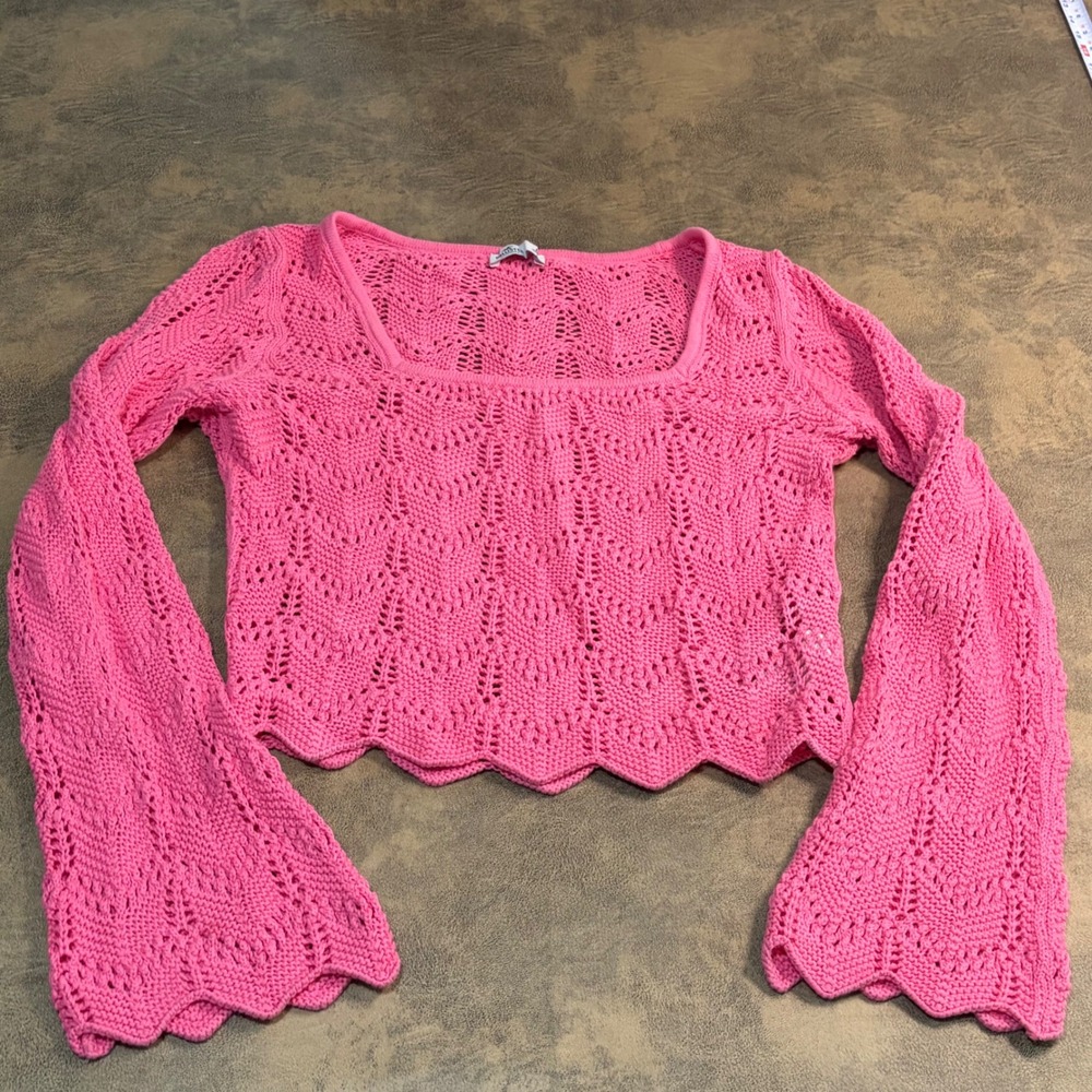 Hollister Crochet Knit Top Womens Large Pink Bell Sleeve Square Neck Sweater